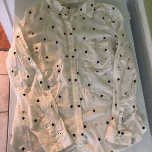 LOFT White Button Down Shirt, Black Embroidered Dot Floral Pattern